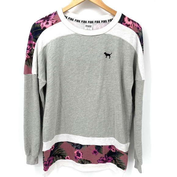 PINK Victoria's Secret Sweatshirt Womens XS Gray LOVE PINK Pullover Floral - Picture 1 of 7